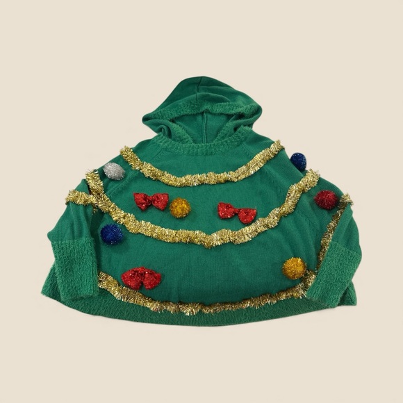 Festive Green Christmas Tree Hooded Sweater/Trimmed with Tinsel & Poms - Picture 3 of 8